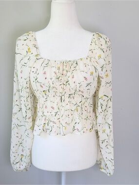H&M Floral Cottagecore Crop Top Smocked Waist Square Neck Long Sleeve Size S NWT